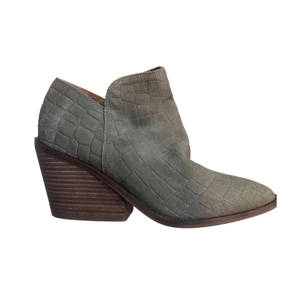 NEW Lucky Brand Women Gray/Green Croc Wedge Ankle Booties Pointed Toe Zip 7M - Picture 3 of 7